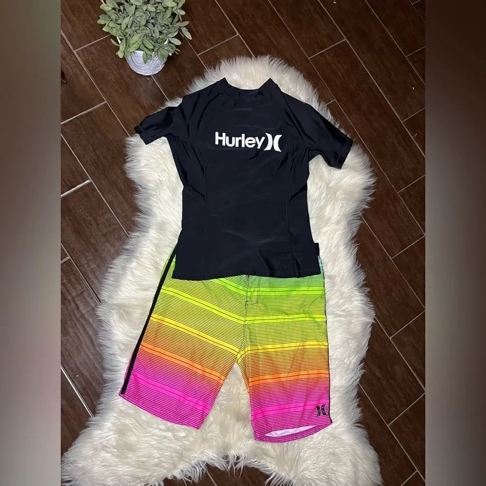 Hurley Kids Black Rash Guard and Multicolor Swim Shorts Set sz small/29